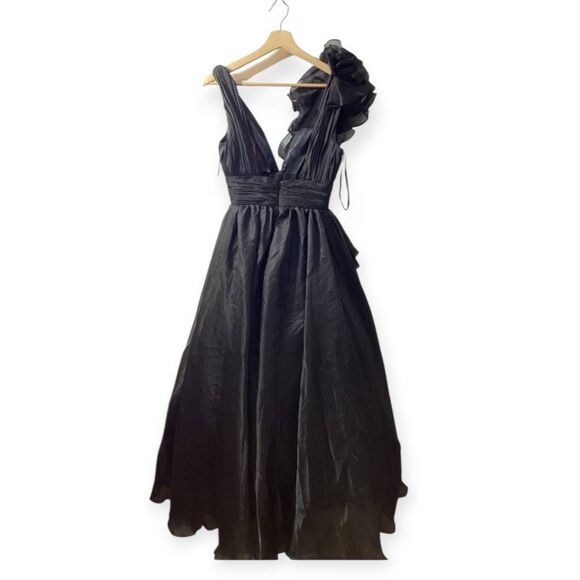 Mac Duggal Black Ruffle Shoulder V-Neck Chiffon Gown - Picture 2 of 14